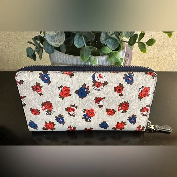 Coach Floral Tea Rose Cream Accordion Zip Wallet with Navy Interior - Picture 7 of 9